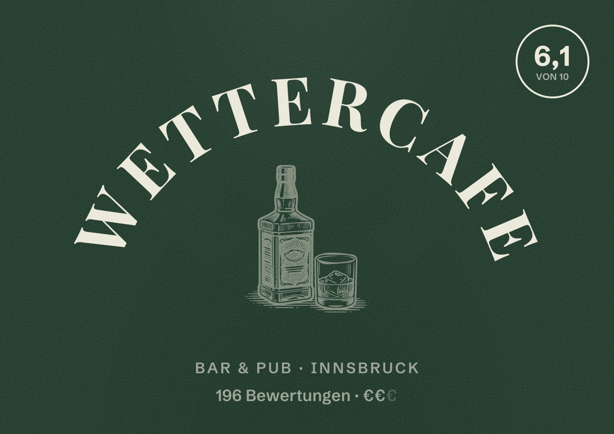 Illustriertes Poster von Wettercafe, Bar & Pub in Innsbruck: Bewertung 6,1 von 10 aus 196 Bewertungen, Preisniveau €€