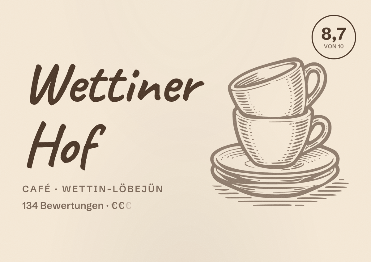 Illustriertes Poster von Wettiner Hof, Café in Wettin-Löbejün: Bewertung 8,7 von 10 aus 134 Bewertungen, Preisniveau €€