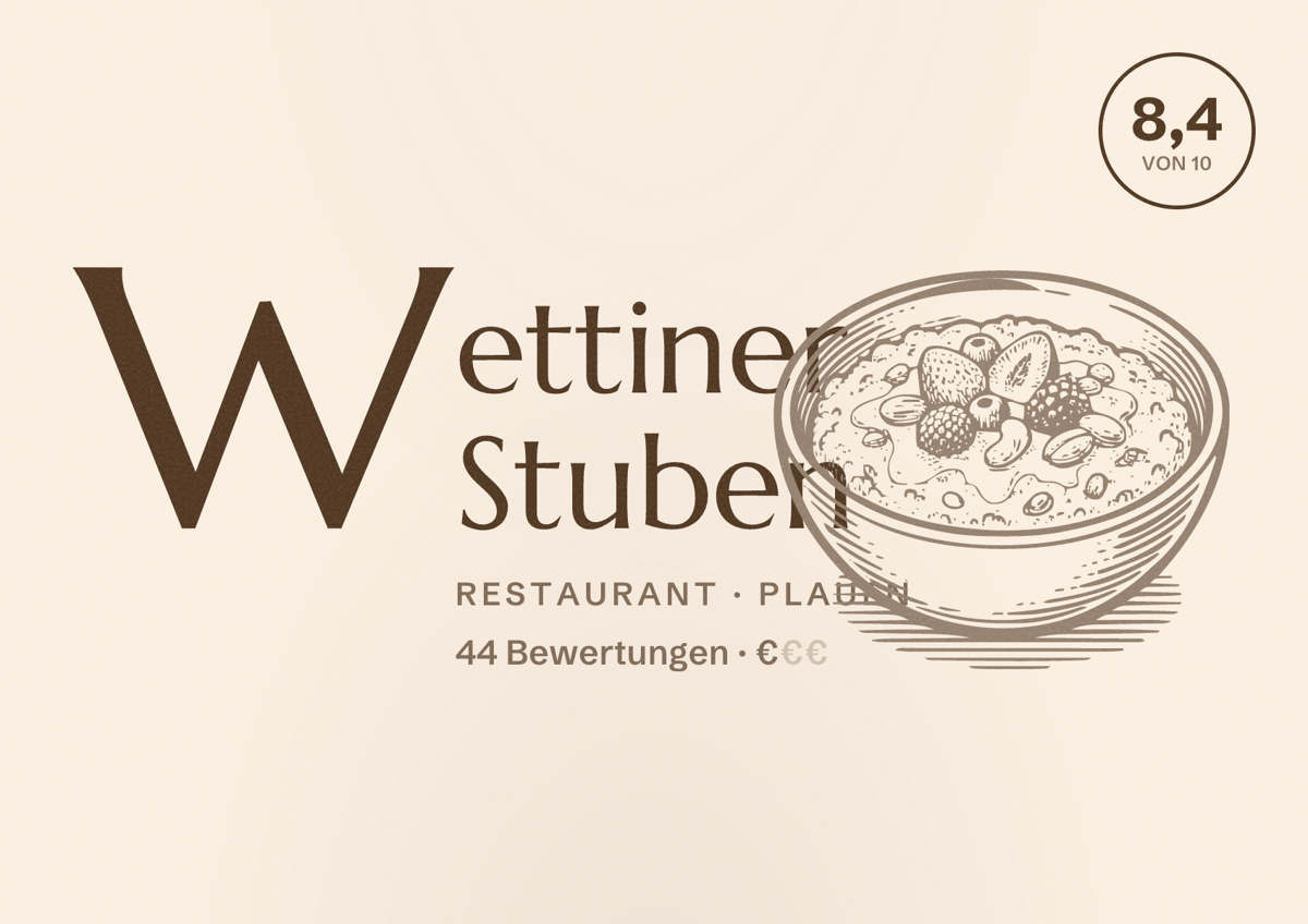 Illustriertes Poster von Wettiner Stuben, Restaurant in Plauen: Bewertung 8,4 von 10 aus 44 Bewertungen, Preisniveau €