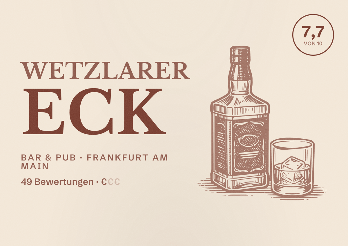 Illustriertes Poster von Wetzlarer Eck, Bar & Pub in Frankfurt am Main: Bewertung 7,7 von 10 aus 49 Bewertungen, Preisniveau €