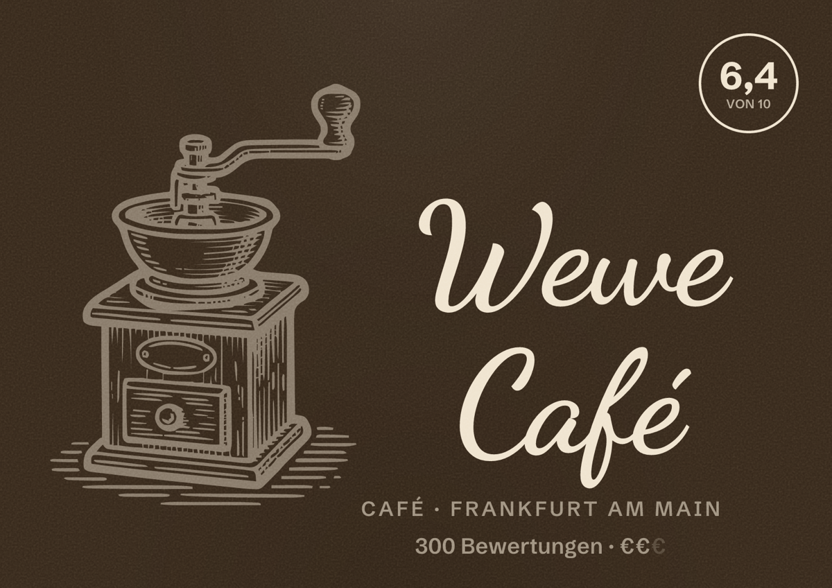 Illustriertes Poster von Wewe Café, Café in Frankfurt am Main: Bewertung 6,4 von 10 aus 300 Bewertungen, Preisniveau €€