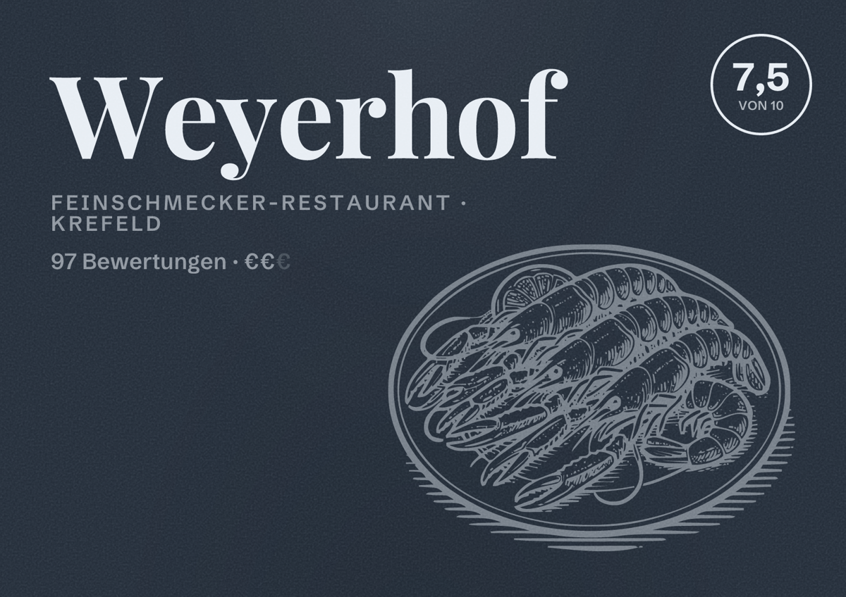 Illustriertes Poster von Weyerhof, Feinschmecker-Restaurant in Krefeld: Bewertung 7,5 von 10 aus 97 Bewertungen, Preisniveau €€