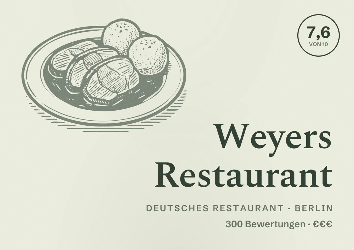 Illustriertes Poster von Weyers Restaurant, Deutsches Restaurant in Berlin: Bewertung 7,6 von 10 aus 300 Bewertungen, Preisniveau €€€