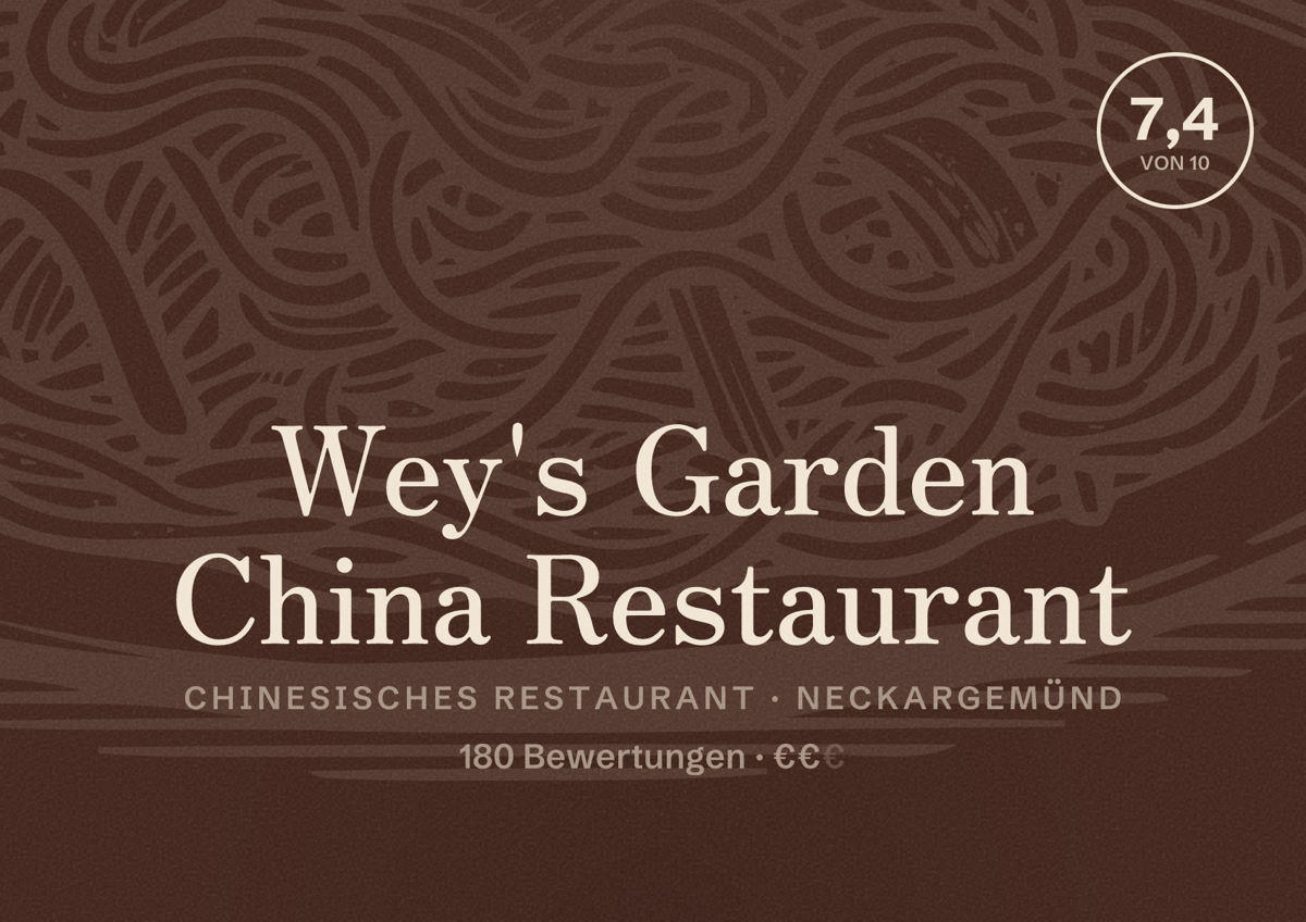 Illustriertes Poster von Wey's Garden China Restaurant, Chinesisches Restaurant in Neckargemünd: Bewertung 7,4 von 10 aus 180 Bewertungen, Preisniveau €€