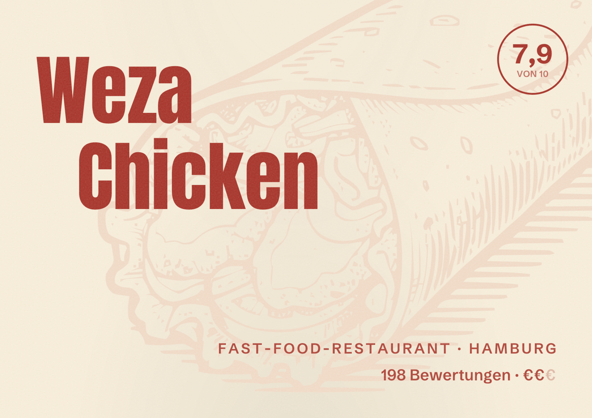 Illustriertes Poster von Weza Chicken, Fast-Food-Restaurant in Hamburg: Bewertung 7,9 von 10 aus 198 Bewertungen, Preisniveau €€
