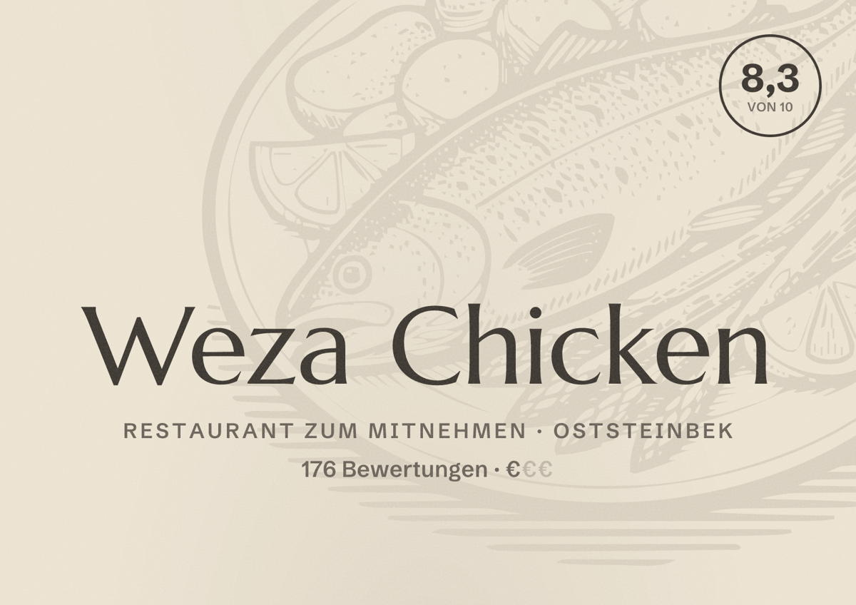 Illustriertes Poster von Weza Chicken, Restaurant zum Mitnehmen in Oststeinbek: Bewertung 8,3 von 10 aus 176 Bewertungen, Preisniveau €