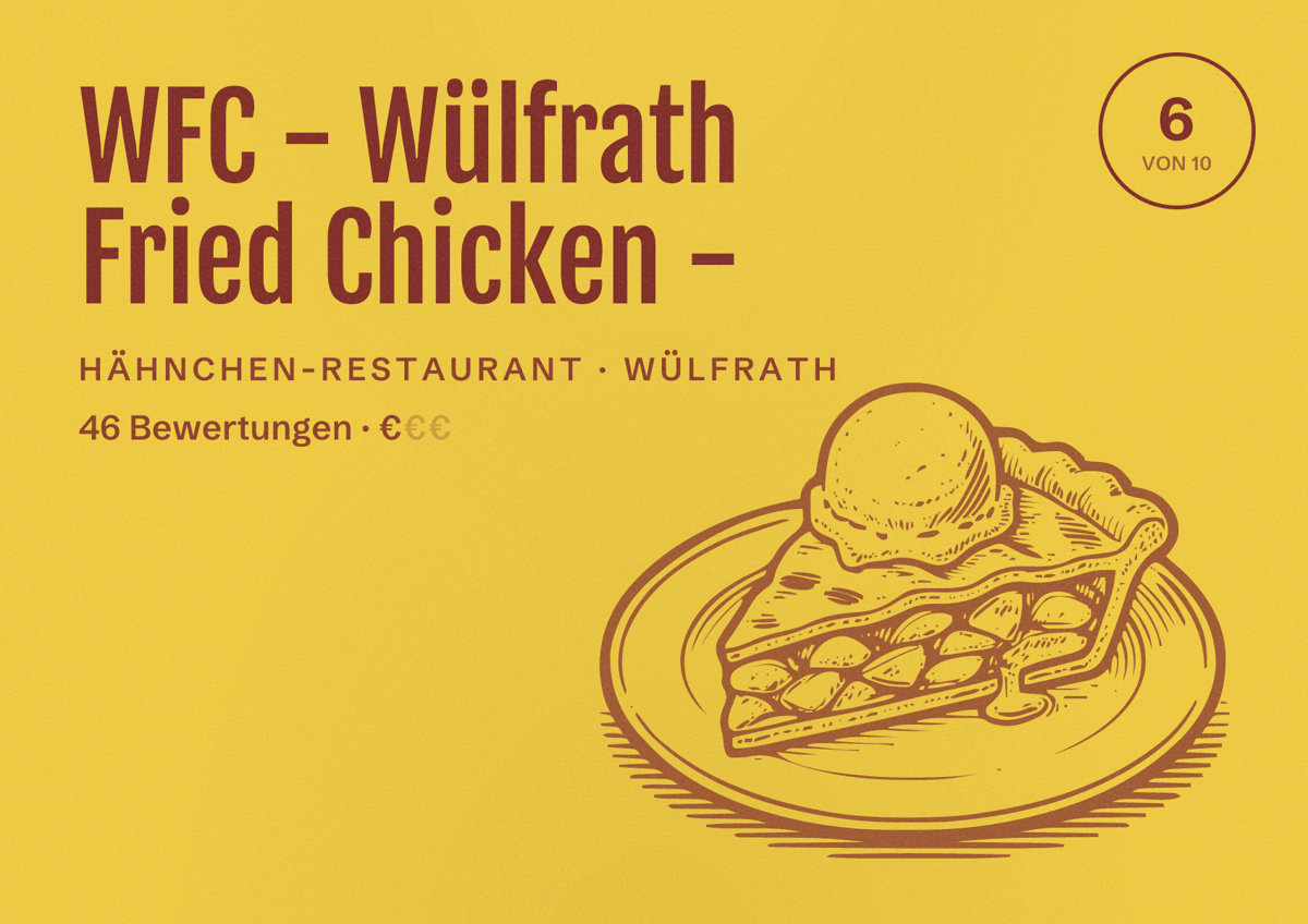 Illustriertes Poster von WFC - Wülfrath Fried Chicken -, Hähnchen-Restaurant in Wülfrath: Bewertung 6 von 10 aus 46 Bewertungen, Preisniveau €