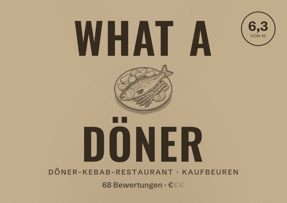 Illustriertes Poster von What a Döner, Döner-Kebab-Restaurant in Kaufbeuren: Bewertung 6,3 von 10 aus 68 Bewertungen, Preisniveau €