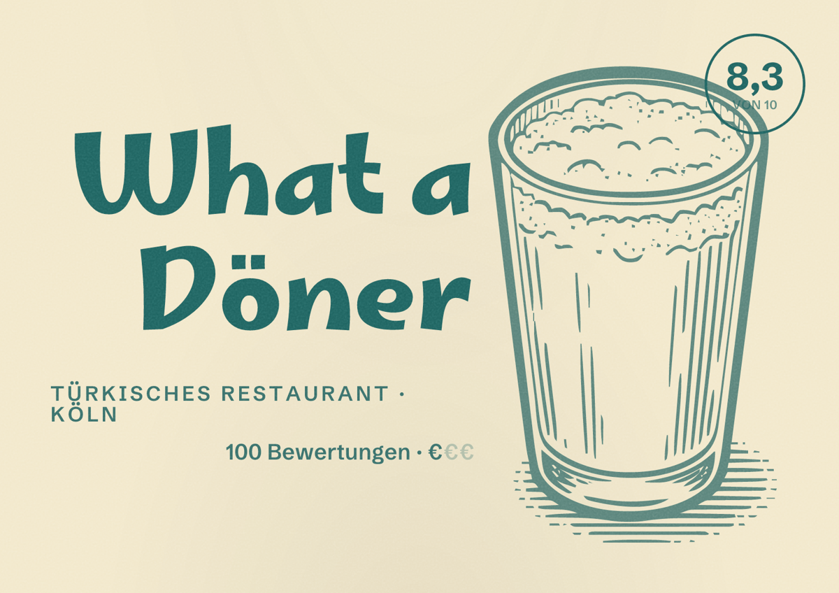 Illustriertes Poster von What a Döner, Türkisches Restaurant in Köln: Bewertung 8,3 von 10 aus 100 Bewertungen, Preisniveau €