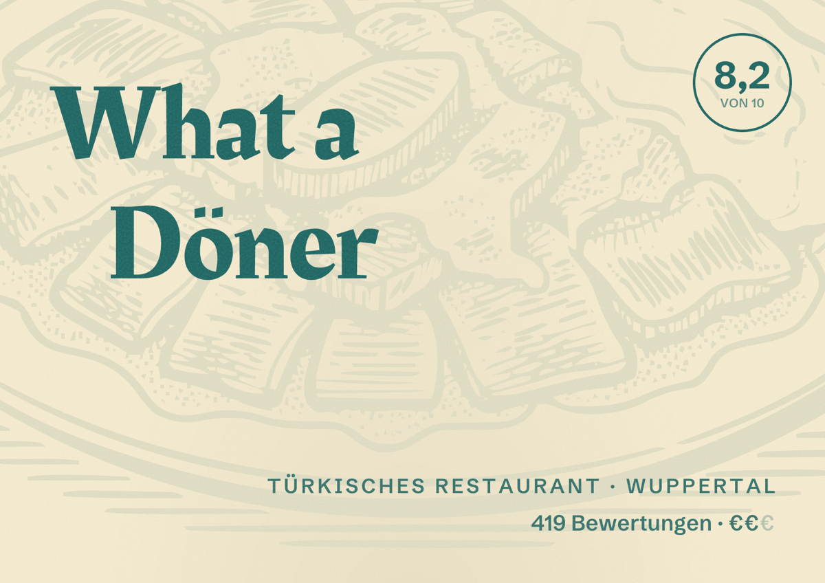 Illustriertes Poster von What a Döner, Türkisches Restaurant in Wuppertal: Bewertung 8,2 von 10 aus 419 Bewertungen, Preisniveau €€