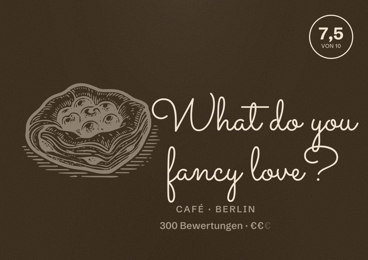Illustriertes Poster von What do you fancy love?, Café in Berlin: Bewertung 7,5 von 10 aus 300 Bewertungen, Preisniveau €€