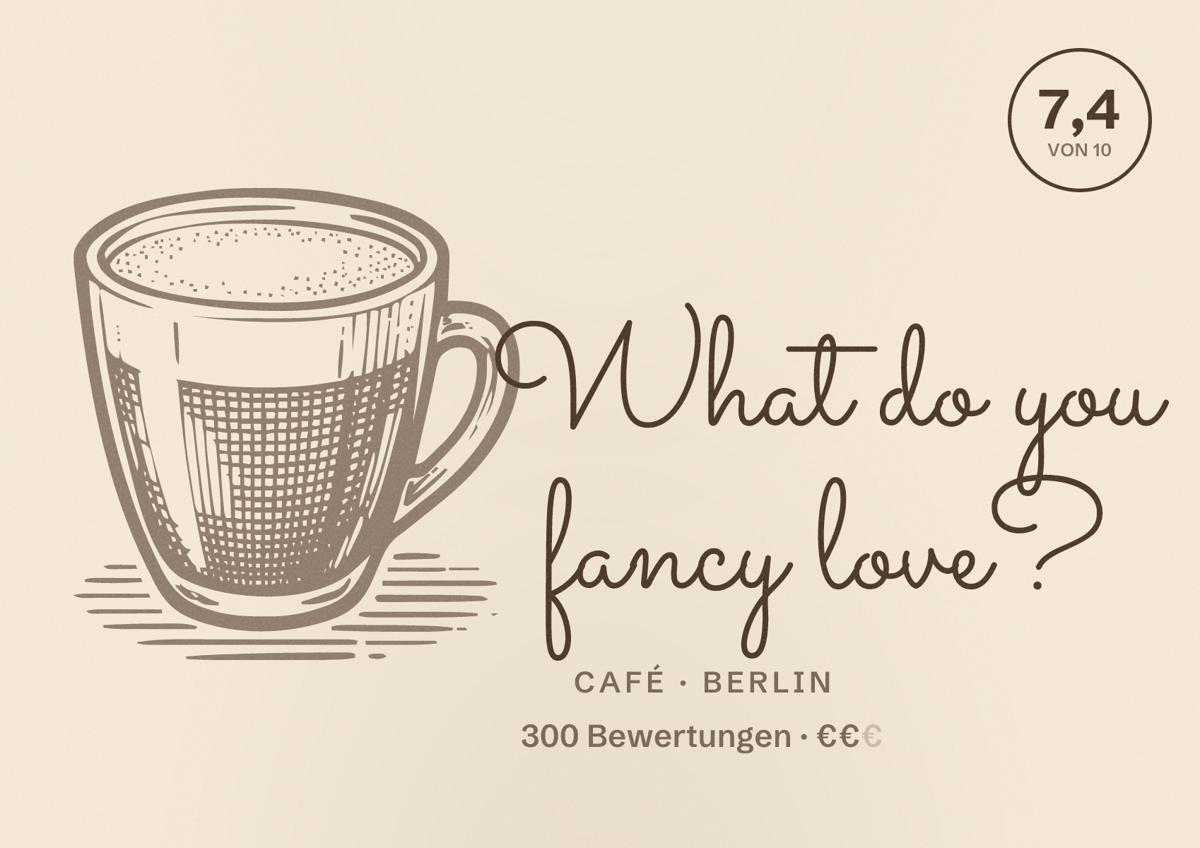 Illustriertes Poster von What do you fancy love?, Café in Berlin: Bewertung 7,4 von 10 aus 300 Bewertungen, Preisniveau €€
