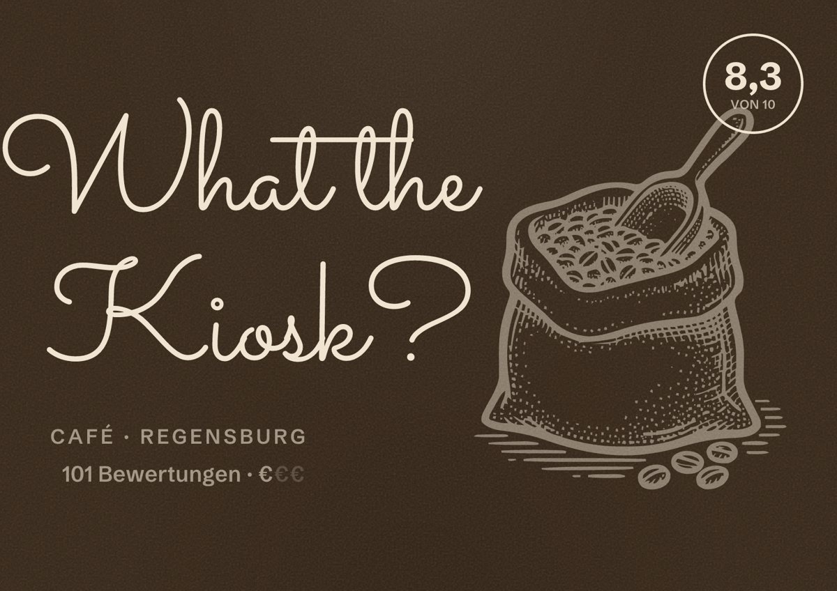 Illustriertes Poster von What the Kiosk?, Café in Regensburg: Bewertung 8,3 von 10 aus 101 Bewertungen, Preisniveau €