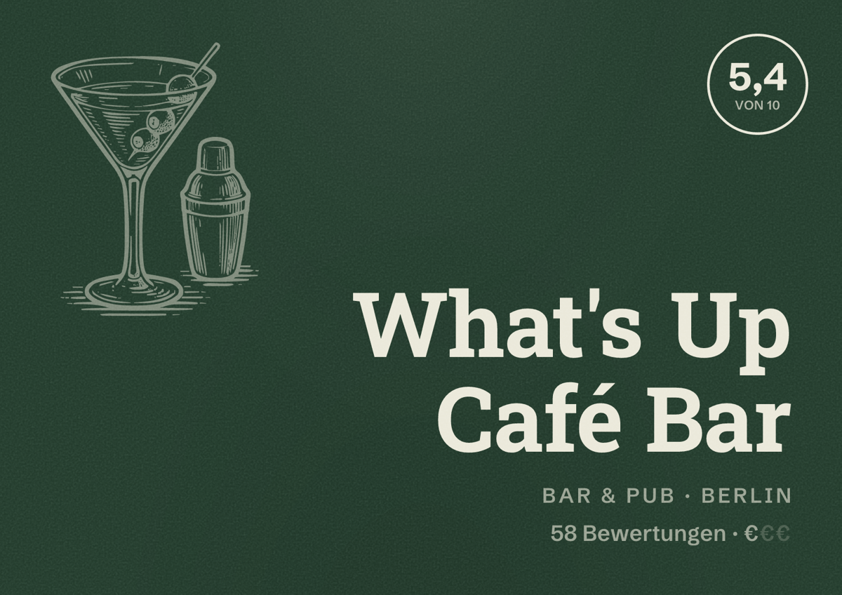 Illustriertes Poster von What's Up Café Bar, Bar & Pub in Berlin: Bewertung 5,4 von 10 aus 58 Bewertungen, Preisniveau €