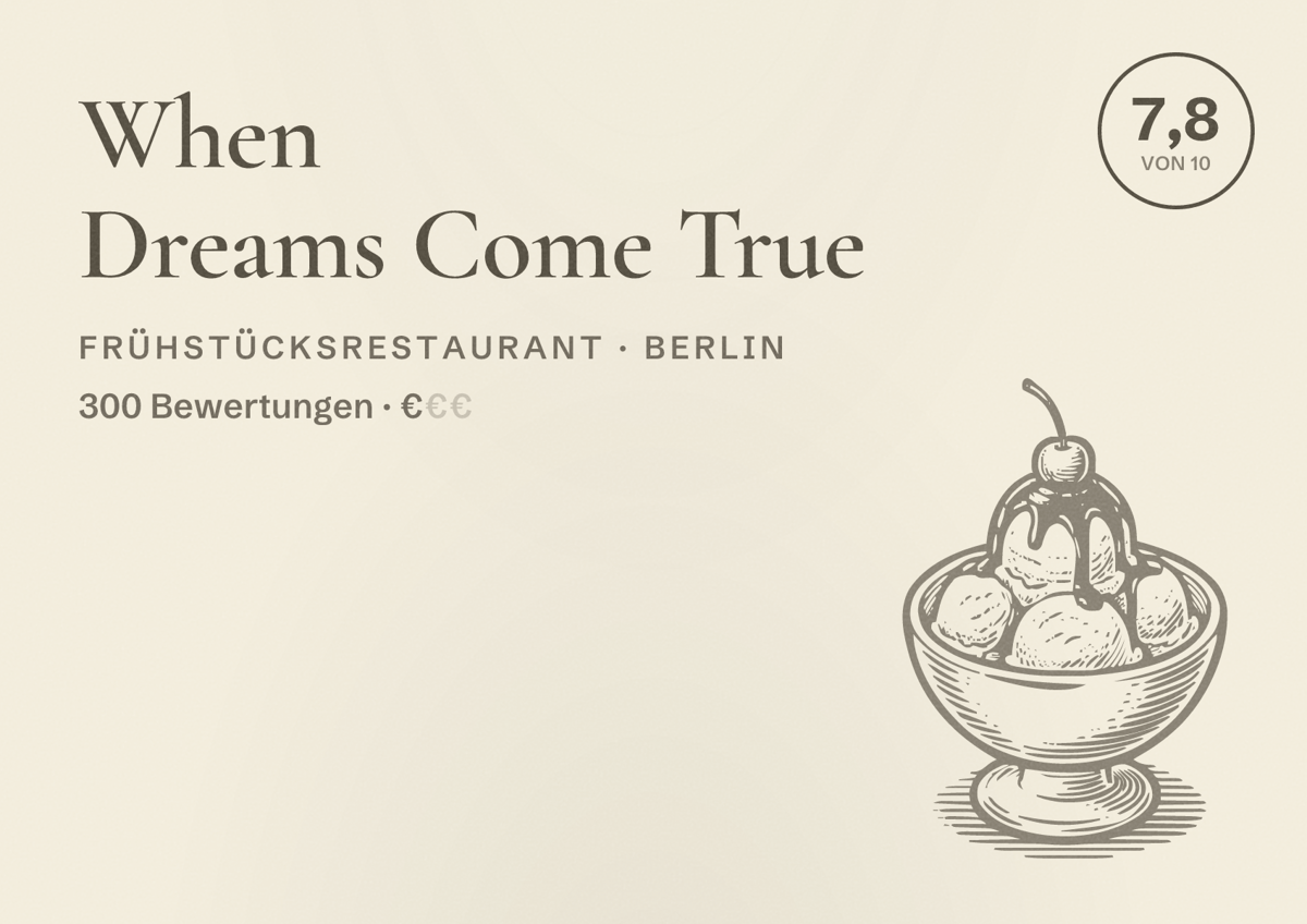 Illustriertes Poster von When Dreams Come True, Frühstücksrestaurant in Berlin: Bewertung 7,8 von 10 aus 300 Bewertungen, Preisniveau €