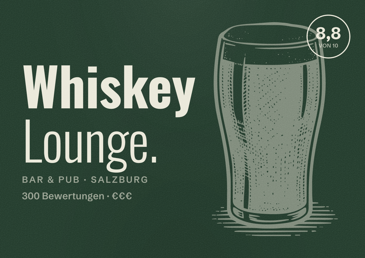 Illustriertes Poster von Whiskey Lounge., Bar & Pub in Salzburg: Bewertung 8,8 von 10 aus 300 Bewertungen, Preisniveau €€€