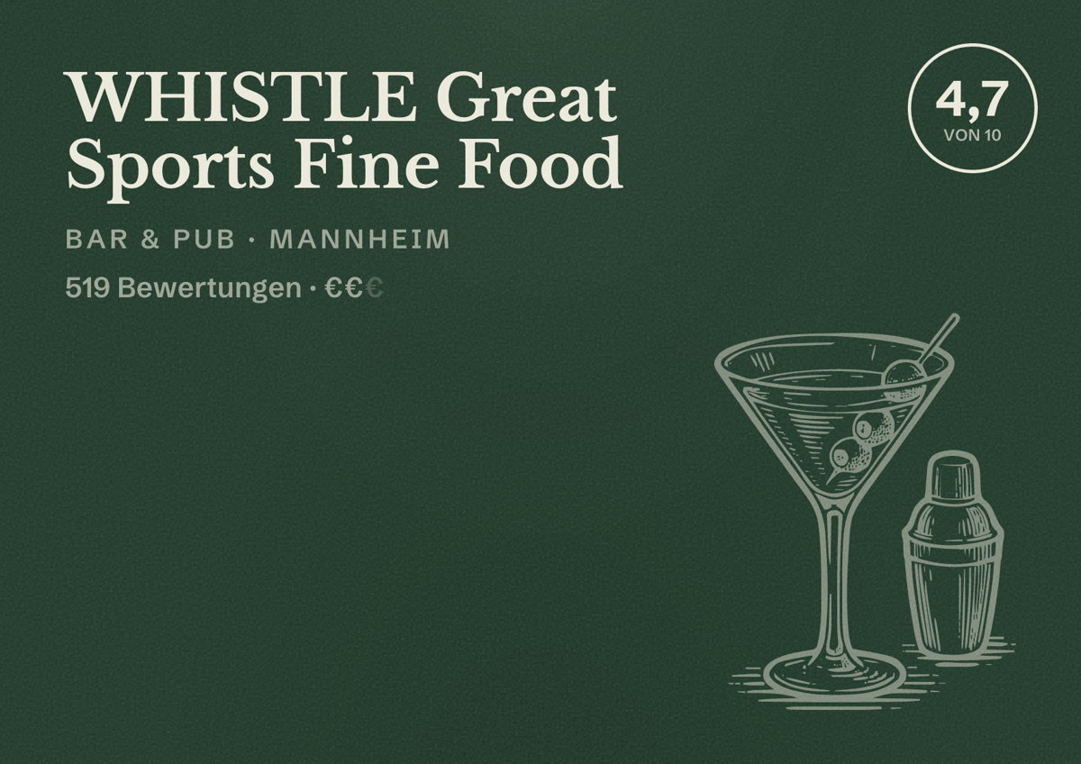 Illustriertes Poster von WHISTLE Great Sports Fine Food, Bar & Pub in Mannheim: Bewertung 4,7 von 10 aus 519 Bewertungen, Preisniveau €€