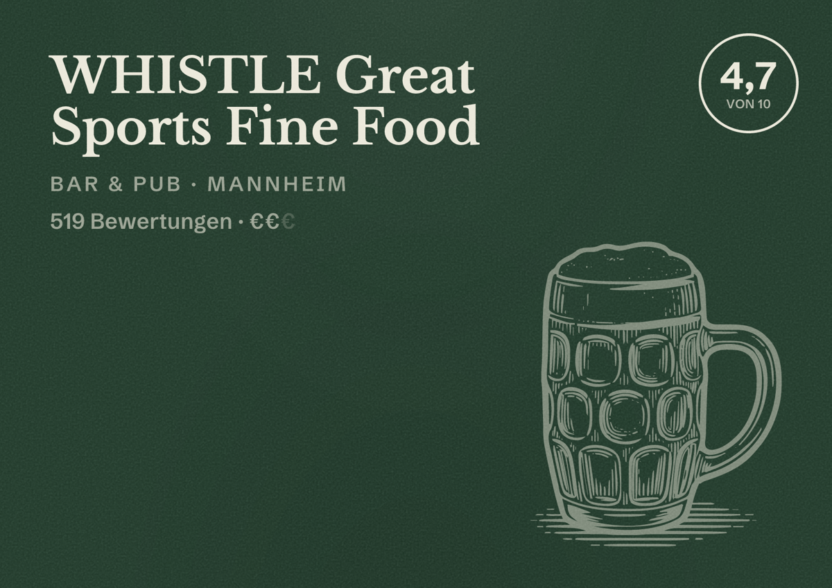 Illustriertes Poster von WHISTLE Great Sports Fine Food, Bar & Pub in Mannheim: Bewertung 4,7 von 10 aus 519 Bewertungen, Preisniveau €€