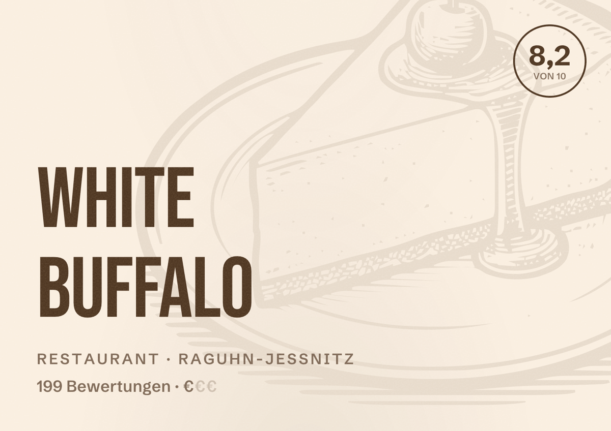 Illustriertes Poster von White Buffalo, Restaurant in Raguhn-Jeßnitz: Bewertung 8,2 von 10 aus 199 Bewertungen, Preisniveau €