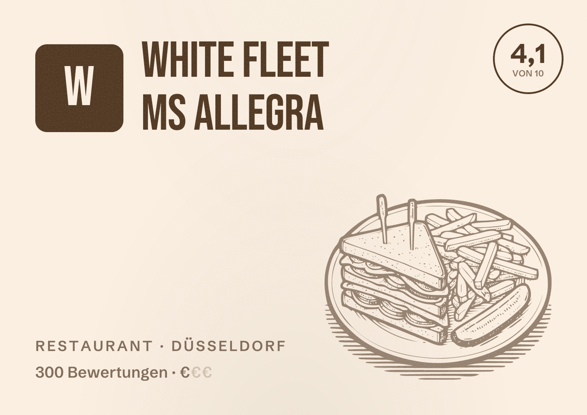 Illustriertes Poster von White Fleet MS Allegra, Restaurant in Düsseldorf: Bewertung 4,1 von 10 aus 300 Bewertungen, Preisniveau €