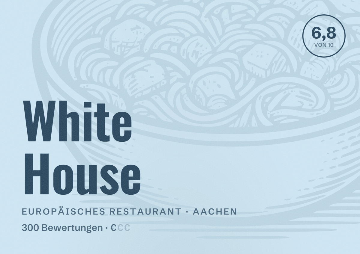 Illustriertes Poster von White House, Europäisches Restaurant in Aachen: Bewertung 6,8 von 10 aus 300 Bewertungen, Preisniveau €