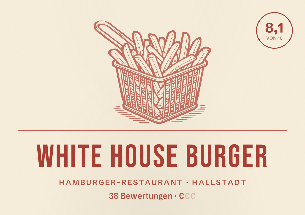 Illustriertes Poster von White house Burger, Hamburger-Restaurant in Hallstadt: Bewertung 8,1 von 10 aus 38 Bewertungen, Preisniveau €