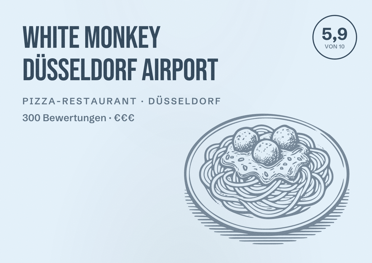 Illustriertes Poster von White Monkey Düsseldorf Airport, Pizza-Restaurant in Düsseldorf: Bewertung 5,9 von 10 aus 300 Bewertungen, Preisniveau €€€