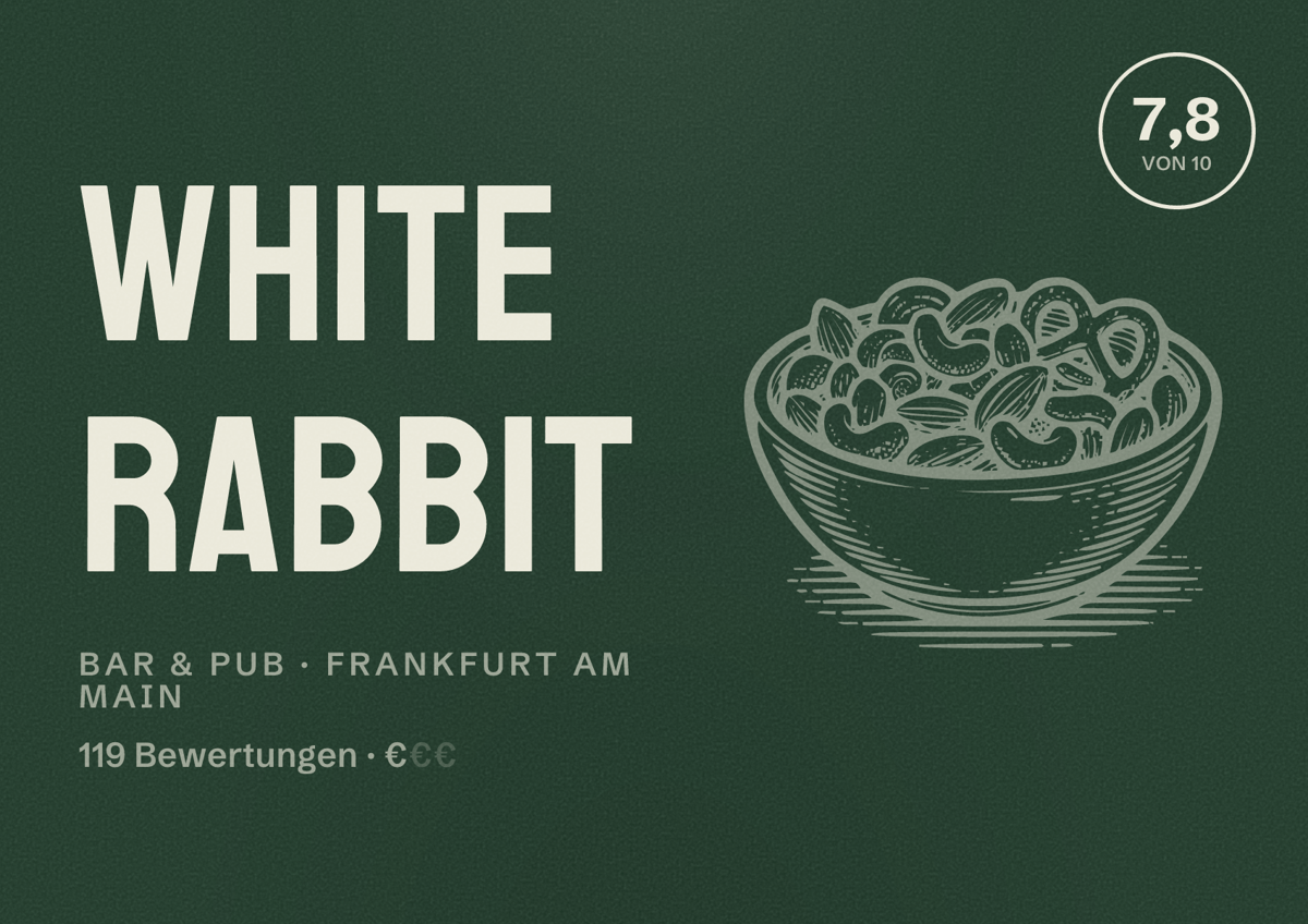 Illustriertes Poster von White Rabbit, Bar & Pub in Frankfurt am Main: Bewertung 7,8 von 10 aus 119 Bewertungen, Preisniveau €