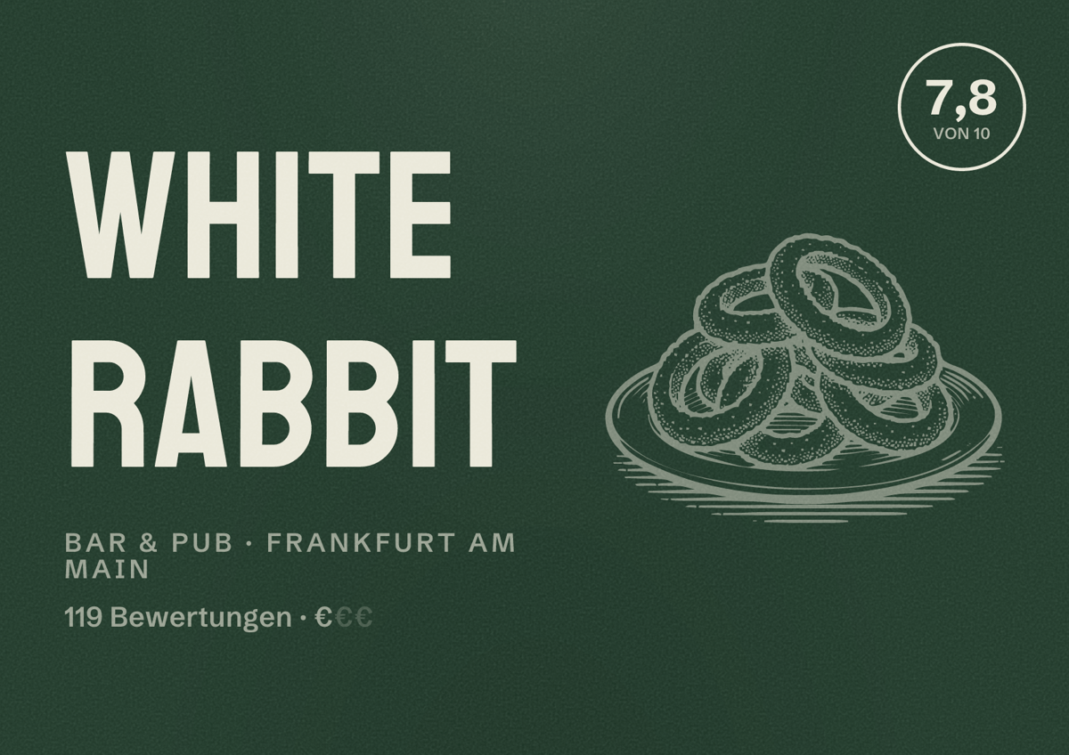 Illustriertes Poster von White Rabbit, Bar & Pub in Frankfurt am Main: Bewertung 7,8 von 10 aus 119 Bewertungen, Preisniveau €