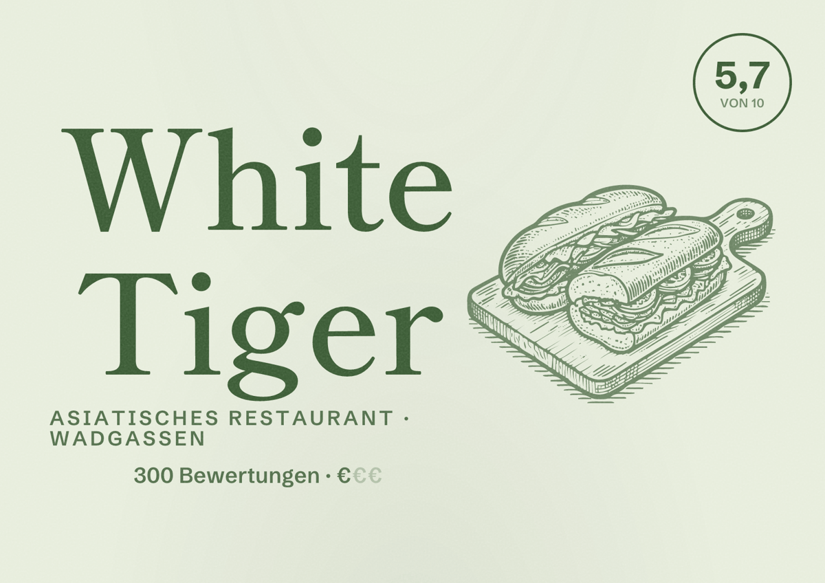 Illustriertes Poster von White Tiger, Asiatisches Restaurant in Wadgassen: Bewertung 5,7 von 10 aus 300 Bewertungen, Preisniveau €