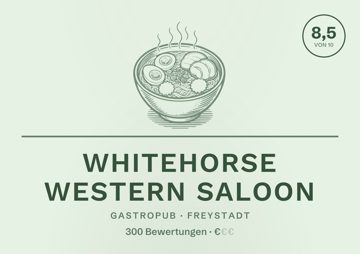 Illustriertes Poster von Whitehorse Western Saloon, Gastropub in Freystadt: Bewertung 8,5 von 10 aus 300 Bewertungen, Preisniveau €