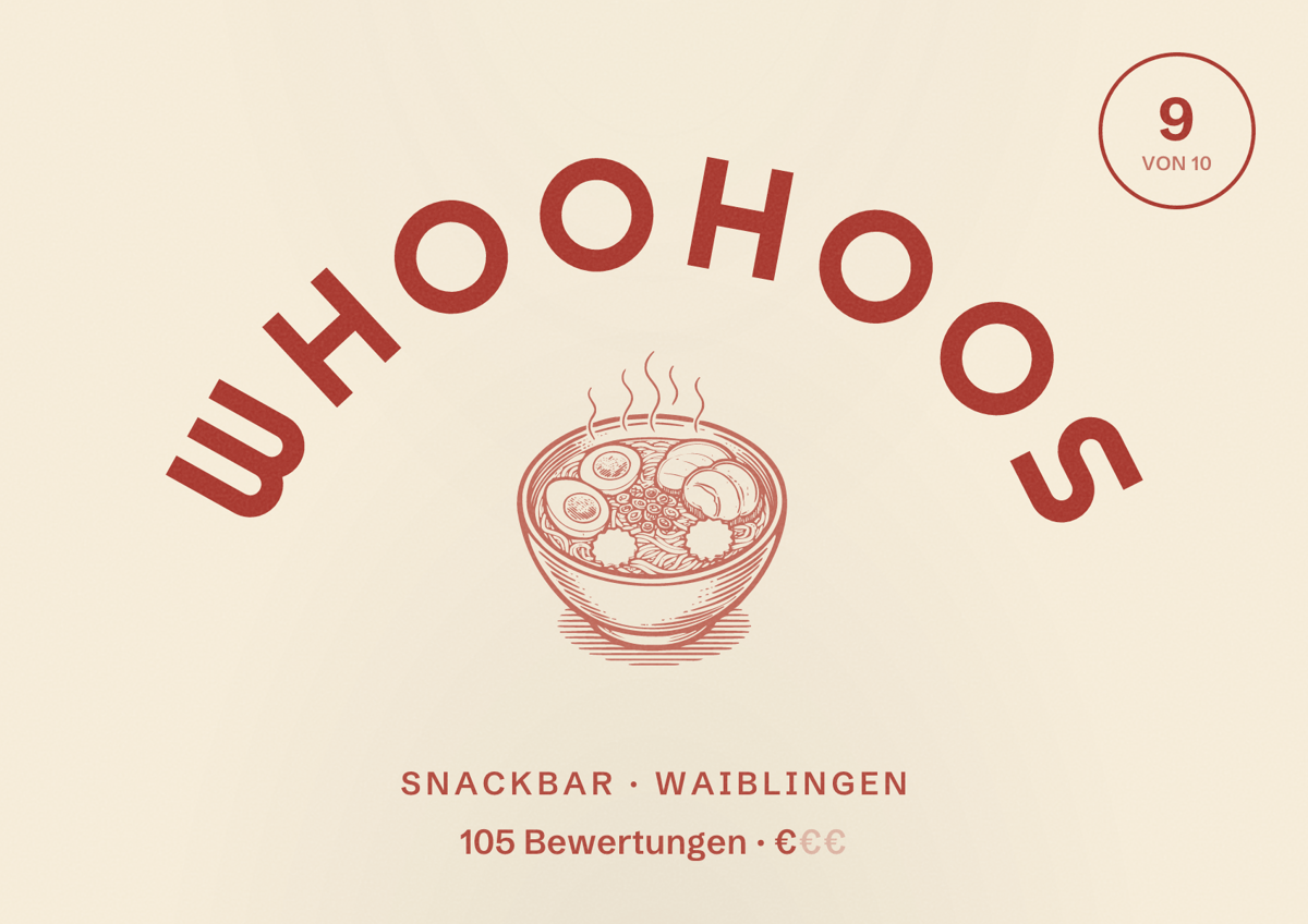 Illustriertes Poster von Whoohoos, Snackbar in Waiblingen: Bewertung 9 von 10 aus 105 Bewertungen, Preisniveau €