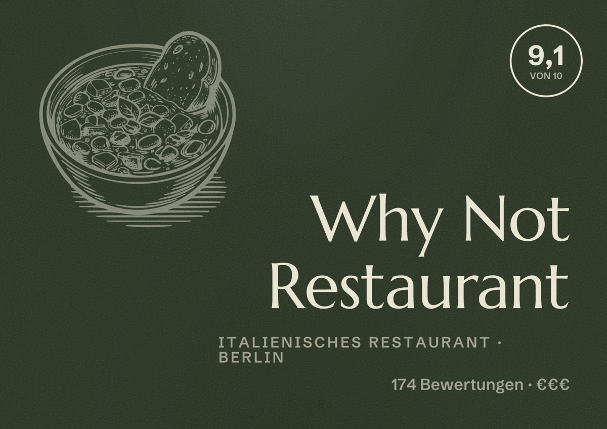 Illustriertes Poster von Why Not Restaurant, Italienisches Restaurant in Berlin: Bewertung 9,1 von 10 aus 174 Bewertungen, Preisniveau €€€