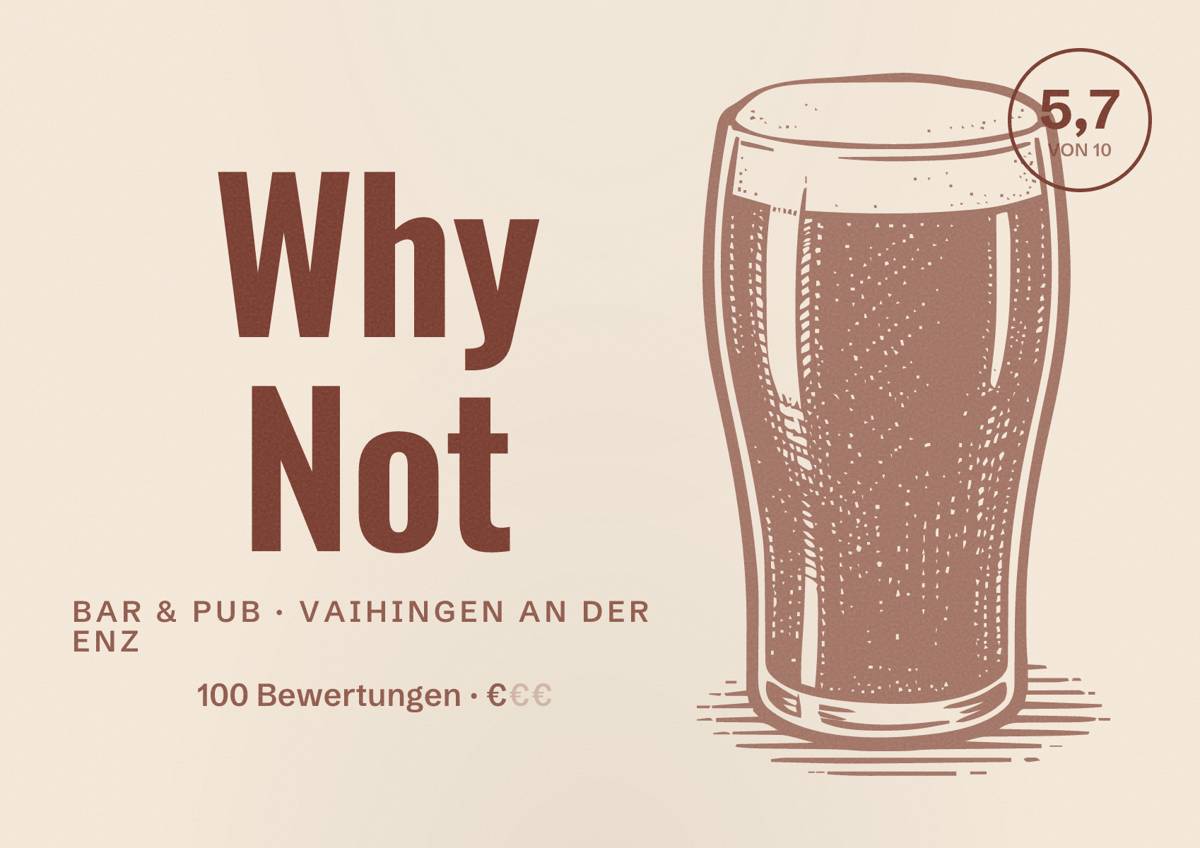 Illustriertes Poster von Why Not, Bar & Pub in Vaihingen an der Enz: Bewertung 5,7 von 10 aus 100 Bewertungen, Preisniveau €