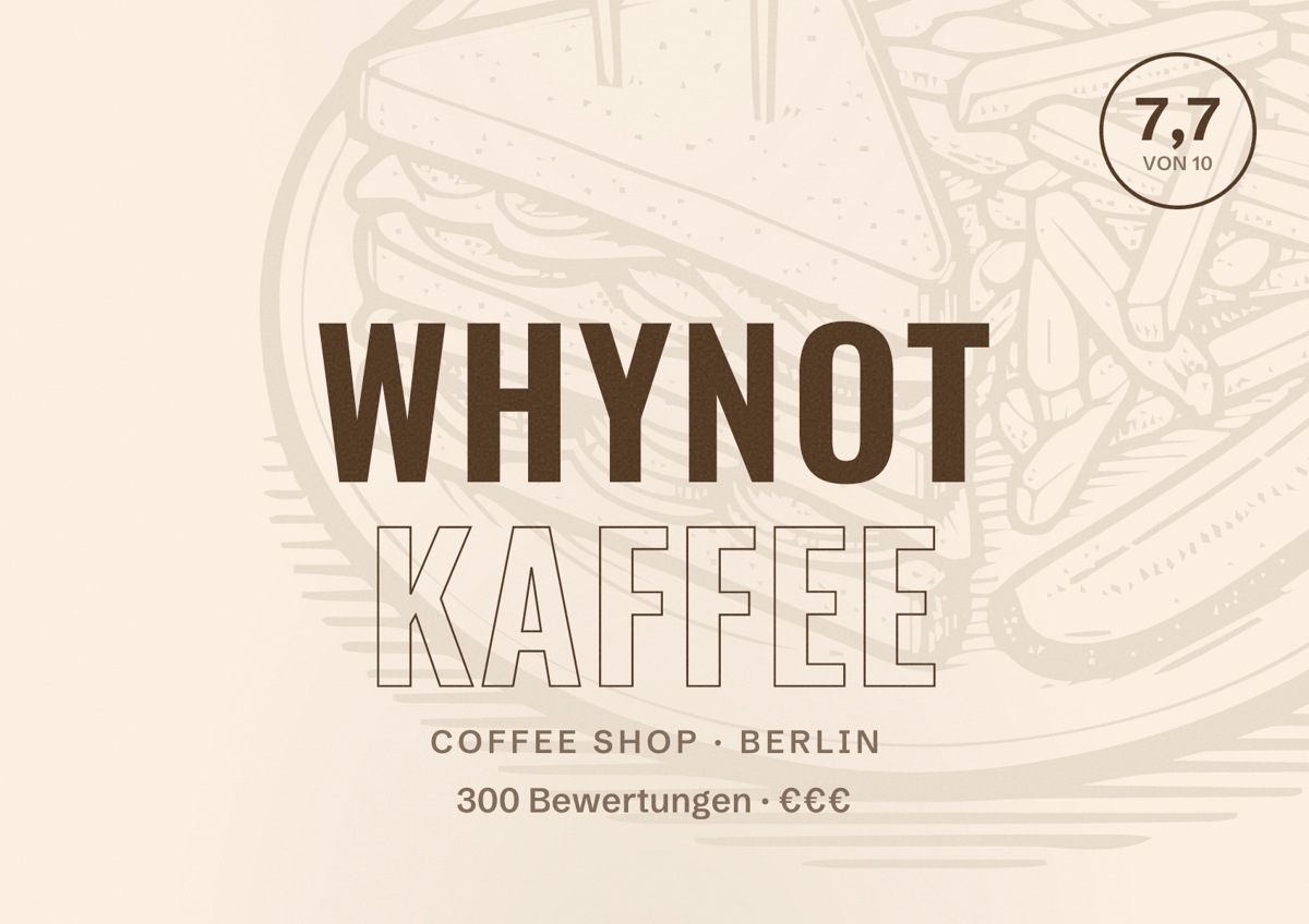 Illustriertes Poster von WhyNot Kaffee, Coffee Shop in Berlin: Bewertung 7,7 von 10 aus 300 Bewertungen, Preisniveau €€€