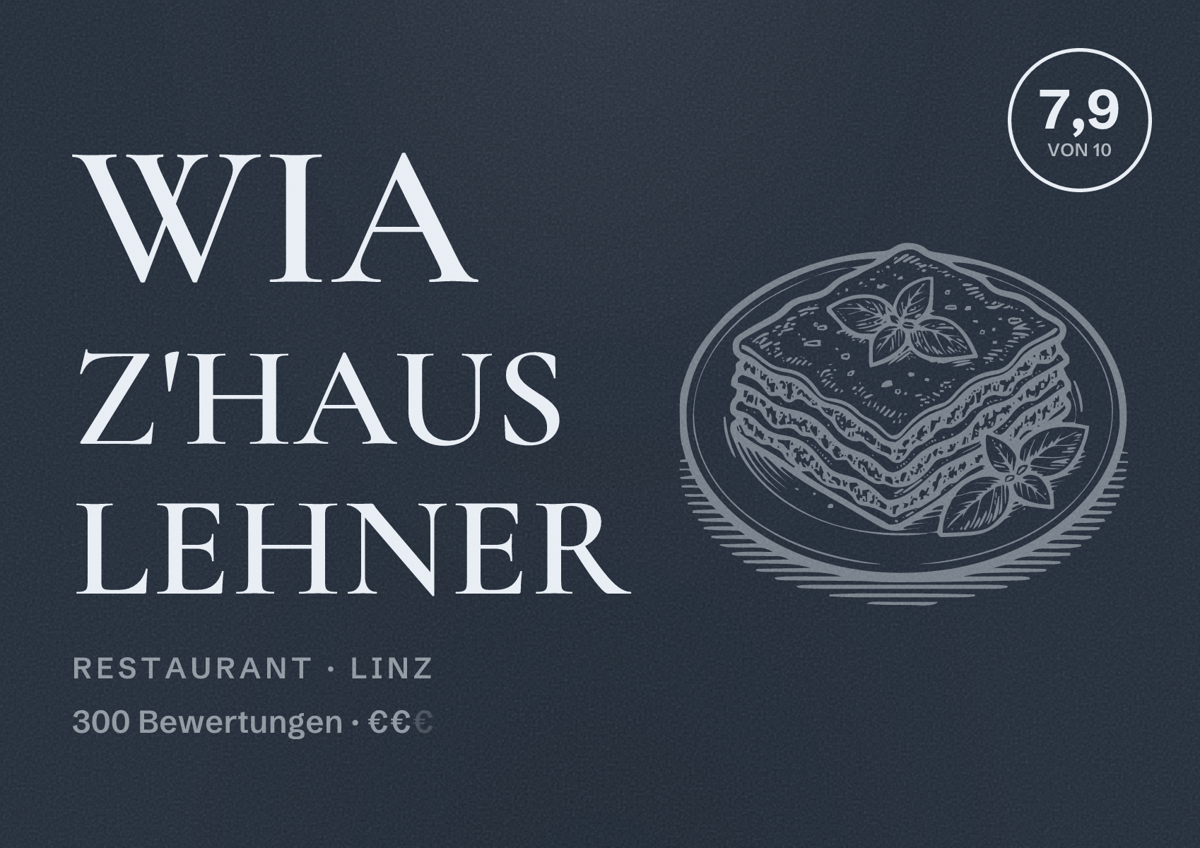 Illustriertes Poster von Wia z'haus Lehner, Restaurant in Linz: Bewertung 7,9 von 10 aus 300 Bewertungen, Preisniveau €€