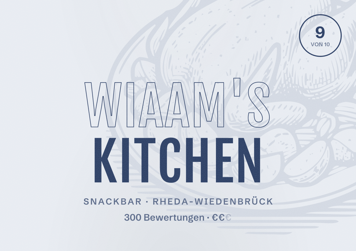 Illustriertes Poster von Wiaam's Kitchen, Snackbar in Rheda-Wiedenbrück: Bewertung 9 von 10 aus 300 Bewertungen, Preisniveau €€