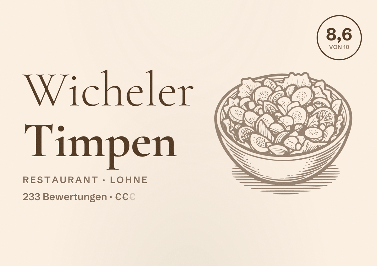 Illustriertes Poster von Wicheler Timpen, Restaurant in Lohne: Bewertung 8,6 von 10 aus 233 Bewertungen, Preisniveau €€