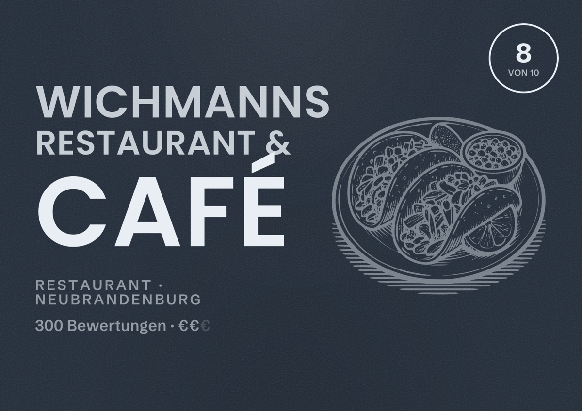 Illustriertes Poster von Wichmanns Restaurant & Café, Restaurant in Neubrandenburg: Bewertung 8 von 10 aus 300 Bewertungen, Preisniveau €€