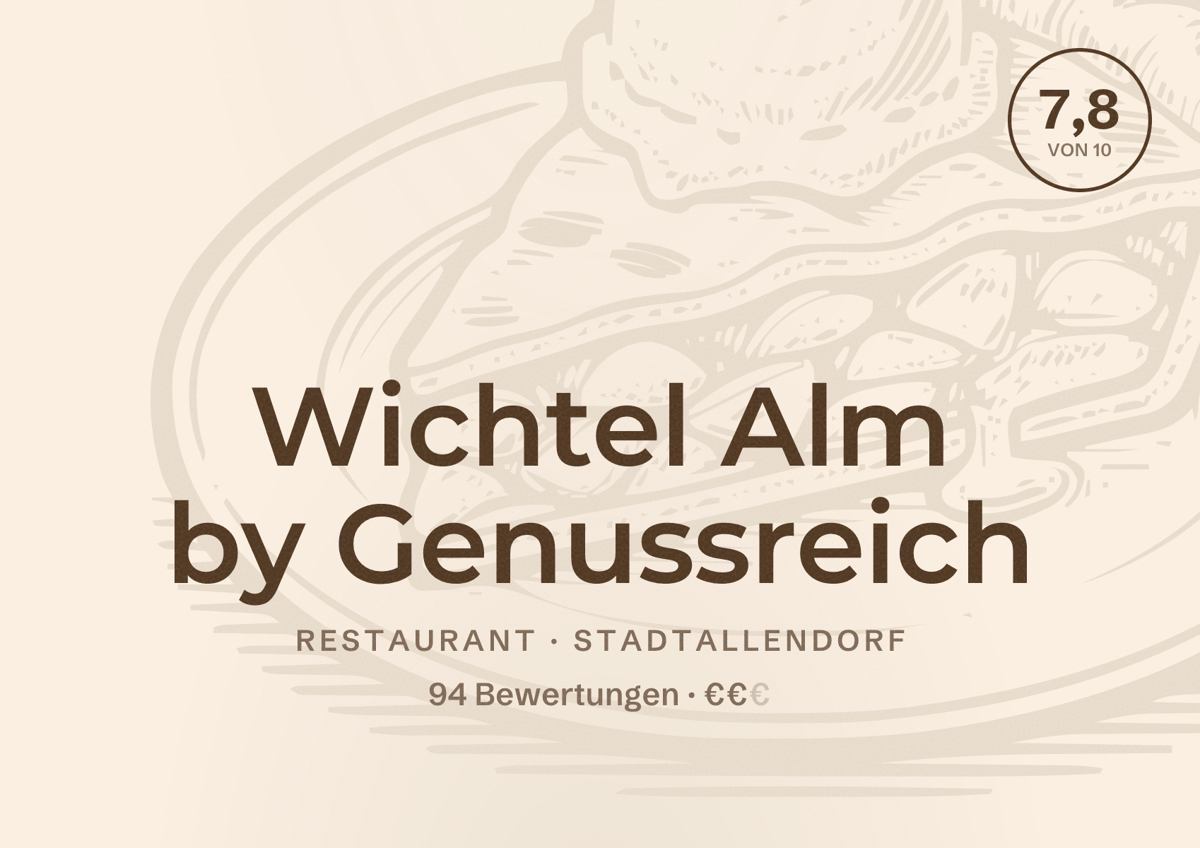 Illustriertes Poster von Wichtel Alm by Genussreich, Restaurant in Stadtallendorf: Bewertung 7,8 von 10 aus 94 Bewertungen, Preisniveau €€