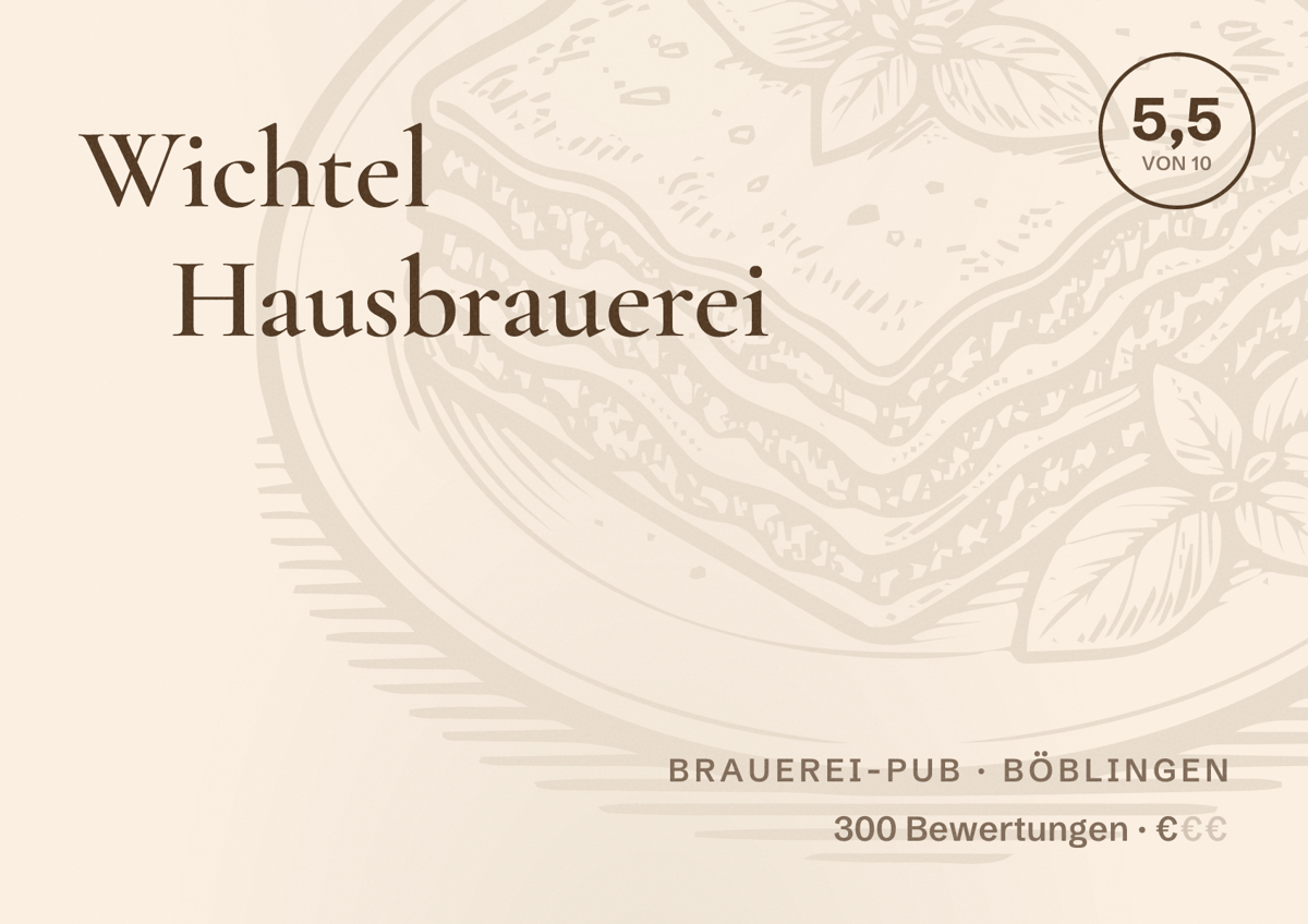 Illustriertes Poster von Wichtel Hausbrauerei, Brauerei-Pub in Böblingen: Bewertung 5,5 von 10 aus 300 Bewertungen, Preisniveau €