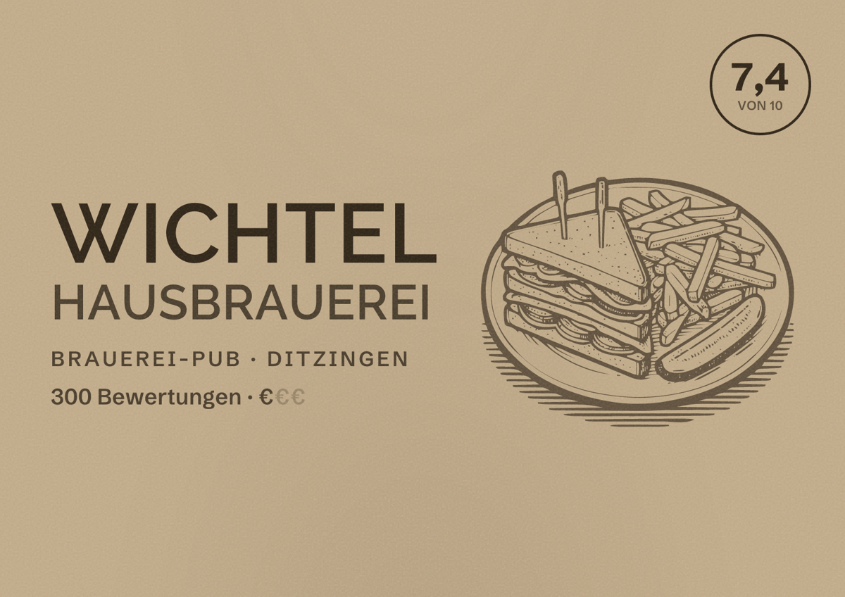 Illustriertes Poster von Wichtel Hausbrauerei, Brauerei-Pub in Ditzingen: Bewertung 7,4 von 10 aus 300 Bewertungen, Preisniveau €