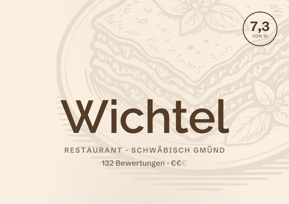 Illustriertes Poster von Wichtel, Restaurant in Schwäbisch Gmünd: Bewertung 7,3 von 10 aus 132 Bewertungen, Preisniveau €€