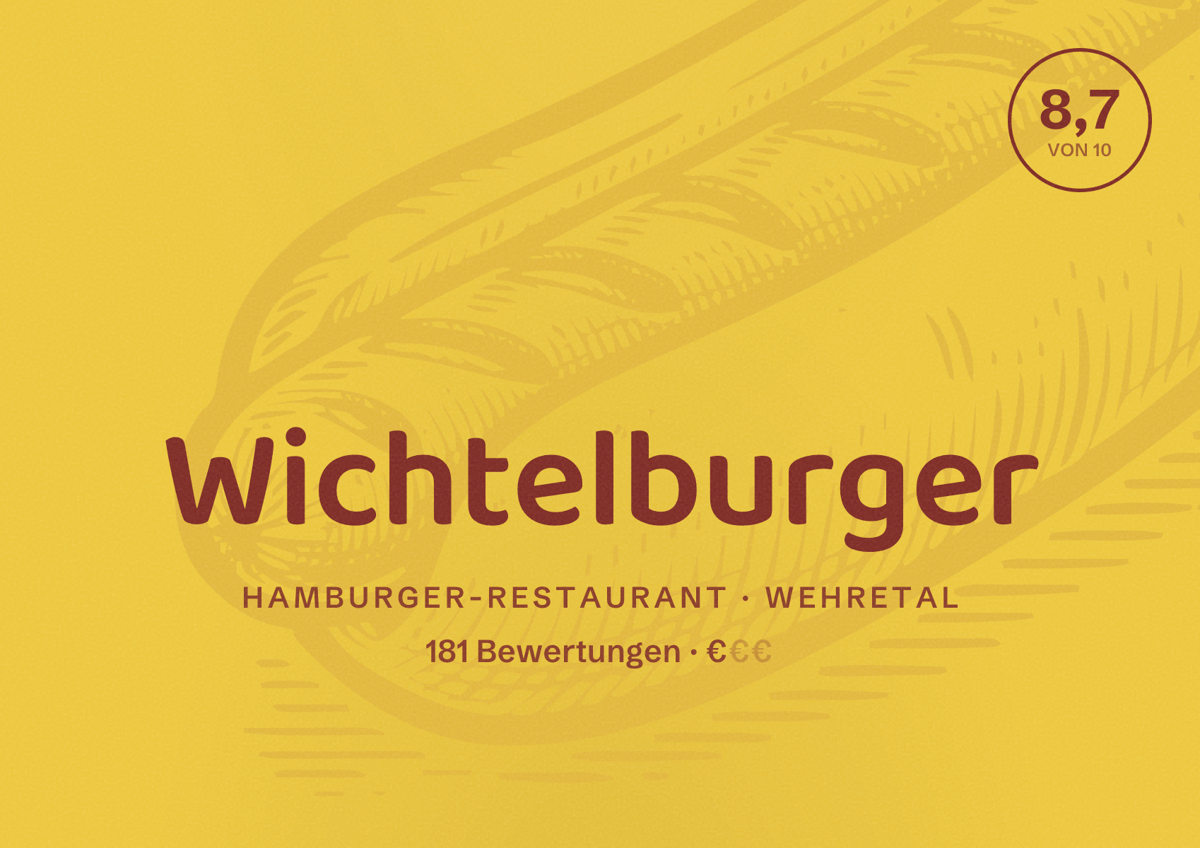 Illustriertes Poster von Wichtelburger, Hamburger-Restaurant in Wehretal: Bewertung 8,7 von 10 aus 181 Bewertungen, Preisniveau €
