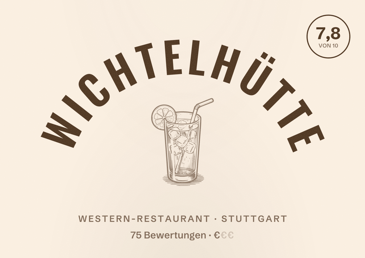 Illustriertes Poster von Wichtelhütte, Western-Restaurant in Stuttgart: Bewertung 7,8 von 10 aus 75 Bewertungen, Preisniveau €