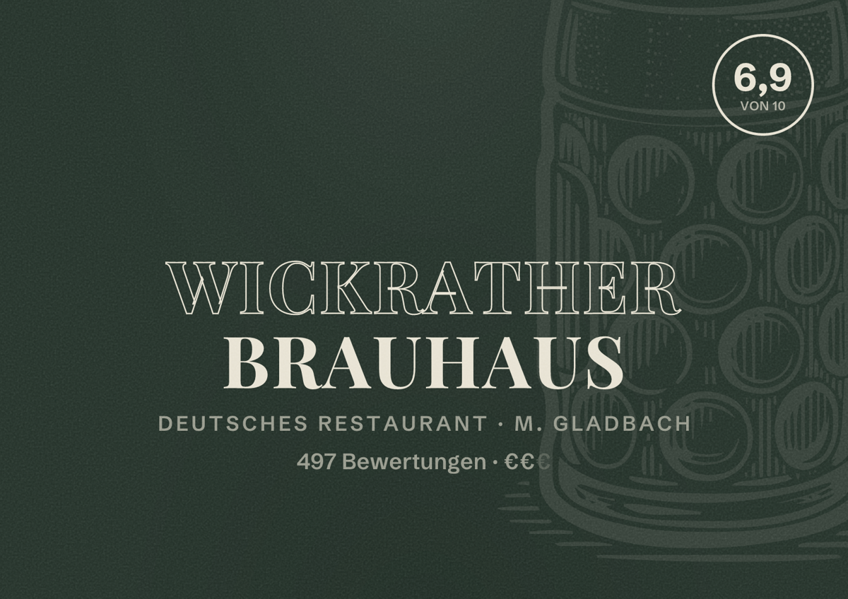 Illustriertes Poster von Wickrather Brauhaus, Deutsches Restaurant in M. Gladbach: Bewertung 6,9 von 10 aus 497 Bewertungen, Preisniveau €€