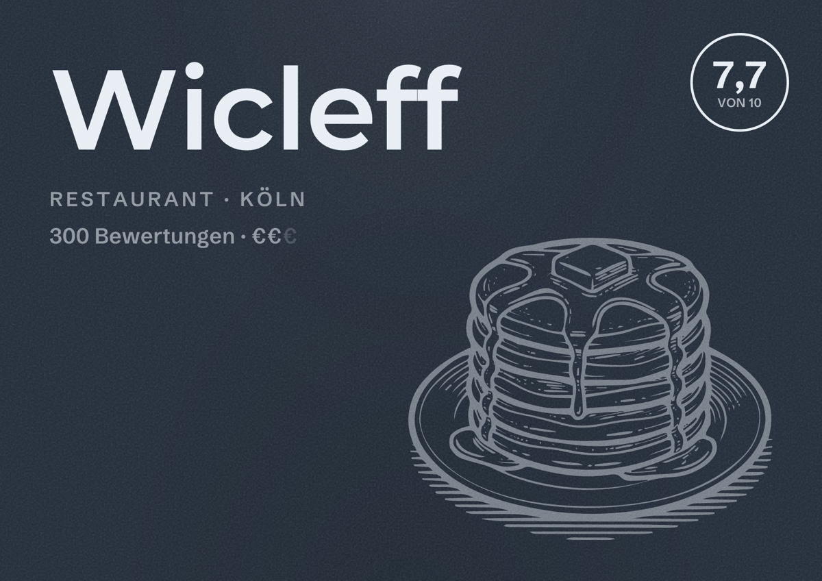 Illustriertes Poster von Wicleff, Restaurant in Köln: Bewertung 7,7 von 10 aus 300 Bewertungen, Preisniveau €€