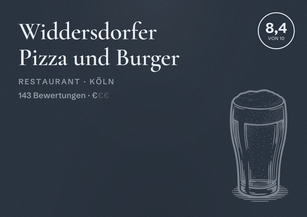 Illustriertes Poster von Widdersdorfer Pizza und Burger, Restaurant in Köln: Bewertung 8,4 von 10 aus 143 Bewertungen, Preisniveau €
