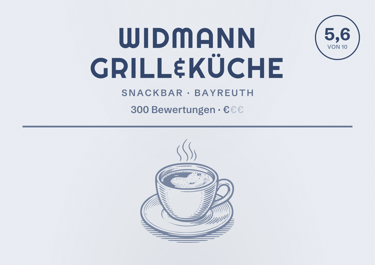 Illustriertes Poster von Widmann Grill&Küche, Snackbar in Bayreuth: Bewertung 5,6 von 10 aus 300 Bewertungen, Preisniveau €