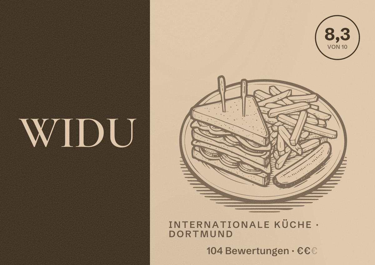 Illustriertes Poster von WIDU, Internationale Küche in Dortmund: Bewertung 8,3 von 10 aus 104 Bewertungen, Preisniveau €€